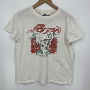 Poison Band Graphic T-Shirt Skull Roses Rock n Roll Cream Short Sleeve Womens M
